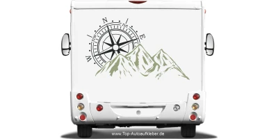 Aufkleber für Wohnmobil und Wohnwagen mit Kompass und Bergen - auf Camper
