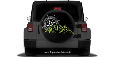 Aufkleber für Wohnmobil und Wohnwagen mit Kompass und Bergen -  auf schwarzem Jeep