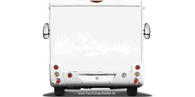 Wohnmobilaufkleber Bergsee mit Waldhütte auf hellem Wohnmobilheck - Ansicht Farbauswahl