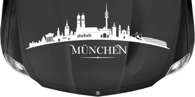 Münchner Skyline als Wohnmobilaufkleber auf dunkler Motorhaube - Ansicht Farbauswahl