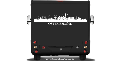 Wohnmobilaufkleber Skyline Ostfriesland auf dunklem Wohnmobil - Ansicht Farbauswahl