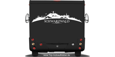 Wohnmobilaufkleber Skyline Schwarzwald auf dunklem Wohnmobil - Ansicht Farbauswahl