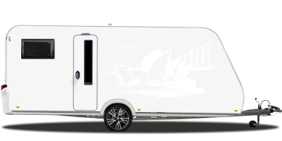 Wohnmobilaufkleber Sydney auf hellem Wohnwagen - Ansicht Farbauswahl