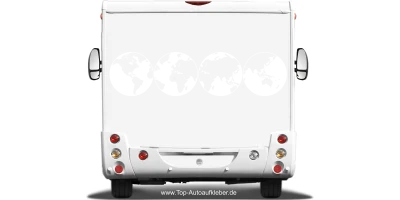 Wohnmobilaufkleber Weltkarte auf Heck von Wohnmobil oder Wohnwagen - Ansicht Farbauswahl