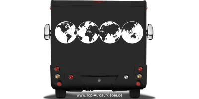 Wohnmobilaufkleber Weltkarte auf Heck von Wohnmobil oder Wohnwagen - Ansicht Farbauswahl