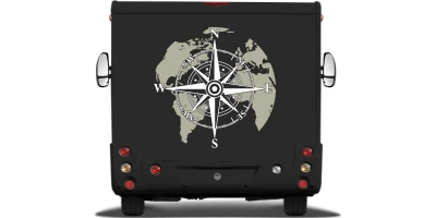 Kompass und Weltkarte als bunter Aufkleber auf Heck von Wohnmobil oder Wohnwagen