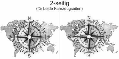 Wohnmobildekor Weltkarte mit Windrose - Ansicht zweiseitig für beide Fahrzeugseiten und Farbauswahl
