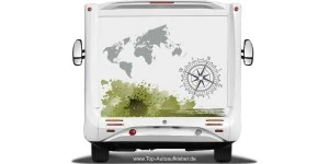Mobile Preview: Dekor für Wohnmobil mit Weltkarte, Kompass und Farbkleckse