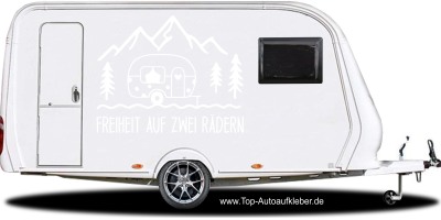 Wohnwagenaufkleber Freiheit auf zwei Rädern auf Wohnwagenseite - Ansicht Farbauswahl