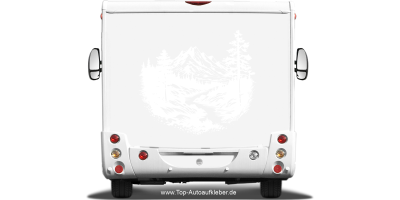 Wohnwagenaufkleber Gletscherbach in der Bergwelt auf hellem Heck - Ansicht Farbauswahl