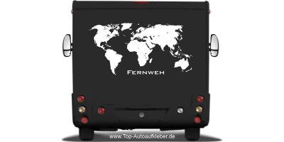 ebefolie für Wohnmobil mit Text Fernweh und Weltkarte auf dunklem Camper - Ansicht Farbauswahl
