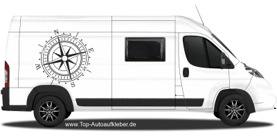 Wohnwagendesign Farbiger Kompass auf hellem Campervan - Ansicht Farbauswahl