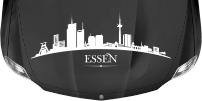 Wohnwagenfolie Skyline Essen auf dunkler Motorhaube - Ansicht Farbauswahl