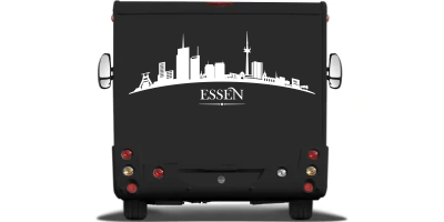 Wohnwagenfolie Skyline Essen auf Heck von Wohnmobil oder Wohnwagen - Ansicht Farbauswahl