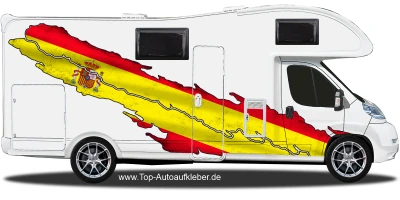 WOMO Aufkleber Spanien auf Fahrzeugseite von Wohnmobil