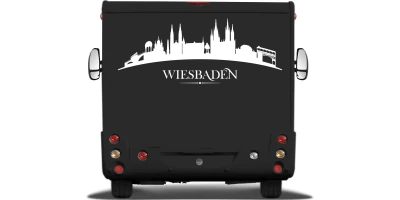 Wohnwagenaufkleber Skyline Wiesbaden auf Heck von Wohnmobil oder Wohnwagen - Ansicht Farbauswahl